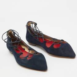 CH Carolina Herrera Blue Suede Pointed Toe Tie Up Ballet Flats Size 37