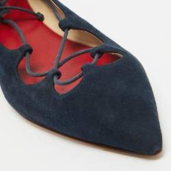 CH Carolina Herrera Blue Suede Pointed Toe Tie Up Ballet Flats Size 37