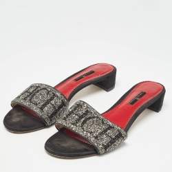 Pre Owned CH Carolina Herrera Black/Silver Glitter and Satin Slides Size 39  
