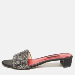 Pre Owned CH Carolina Herrera Black/Silver Glitter and Satin Slides Size 39  
