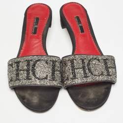 Pre Owned CH Carolina Herrera Black/Silver Glitter and Satin Slides Size 39  