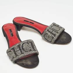 Pre Owned CH Carolina Herrera Black/Silver Glitter and Satin Slides Size 39  