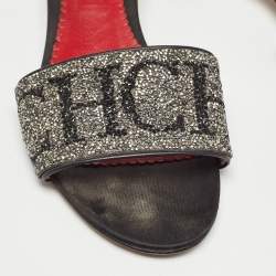 Pre Owned CH Carolina Herrera Black/Silver Glitter and Satin Slides Size 39  