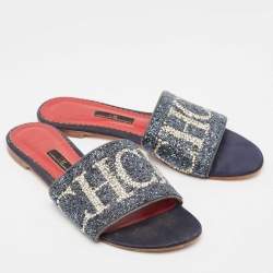 Pre Owned CH Carolina Herrera Navy Blue Leather Crystal Embellished Flat Slides Size 39