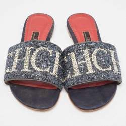 Pre Owned CH Carolina Herrera Navy Blue Leather Crystal Embellished Flat Slides Size 39