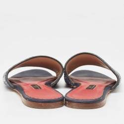 Pre Owned CH Carolina Herrera Navy Blue Leather Crystal Embellished Flat Slides Size 39