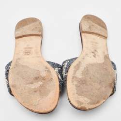 Pre Owned CH Carolina Herrera Navy Blue Leather Crystal Embellished Flat Slides Size 39