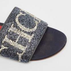 Pre Owned CH Carolina Herrera Navy Blue Leather Crystal Embellished Flat Slides Size 39