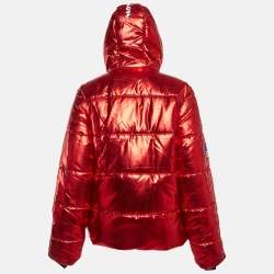 Champion Red Lame Printed & Badge Detail Puffer Overcoat M