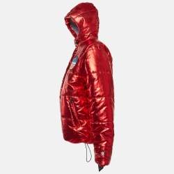 Champion Red Lame Printed & Badge Detail Puffer Overcoat M