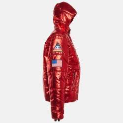 Champion Red Lame Printed & Badge Detail Puffer Overcoat M