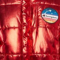 Champion Red Lame Printed & Badge Detail Puffer Overcoat M