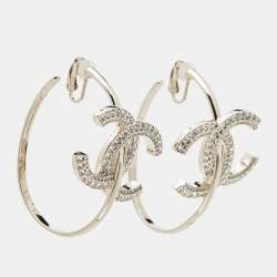 Pre Owned Chanel CC Logo Crystal Gold Tone Hoop Earrings