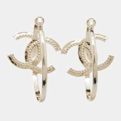 Pre Owned Chanel CC Logo Crystal Gold Tone Hoop Earrings