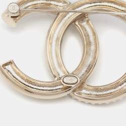 Pre Owned Chanel CC Faux Pearl Crystals Gold Tone Brooch