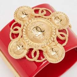 Pre Owned Chanel  CC Red Resin Gold Tone Cuff Bracelet