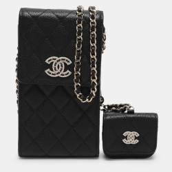 Pre Owned Chanel Black Quilted Caviar Leather Crystal CC Phone Holder