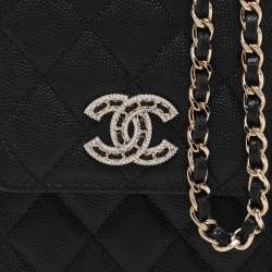 Pre Owned Chanel Black Quilted Caviar Leather Crystal CC Phone Holder