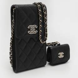Pre Owned Chanel Black Quilted Caviar Leather Crystal CC Phone Holder