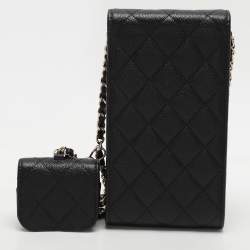 Pre Owned Chanel Black Quilted Caviar Leather Crystal CC Phone Holder