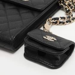 Pre Owned Chanel Black Quilted Caviar Leather Crystal CC Phone Holder