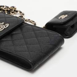 Pre Owned Chanel Black Quilted Caviar Leather Crystal CC Phone Holder