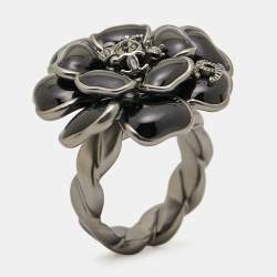 Chanel CC Camellia Enamel Crystals Gunmetal Tone Ring Size 54