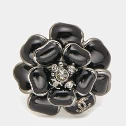 Chanel CC Camellia Enamel Crystals Gunmetal Tone Ring Size 54