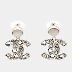 Chanel CC Crystals Faux Pearl Quartz Silver Tone Earrings