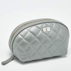 Pre Owned Chanel Silver Quilted Leather Reissue Cosmetic Pouch