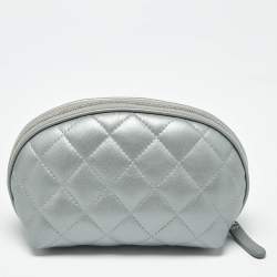 Pre Owned Chanel Silver Quilted Leather Reissue Cosmetic Pouch