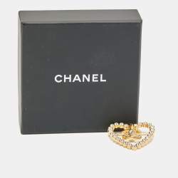 Pre Owned Chanel CC Heart Crystals Gold Tone Brooch