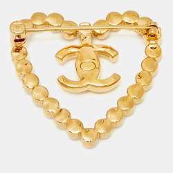 Pre Owned Chanel CC Heart Crystals Gold Tone Brooch