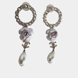 Pre Owned Chanel Camilia CC Crystal/Pearl Round Dangle Large Earring
