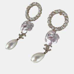Pre Owned Chanel Camilia CC Crystal/Pearl Round Dangle Large Earring