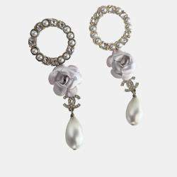 Pre Owned Chanel Camilia CC Crystal/Pearl Round Dangle Large Earring