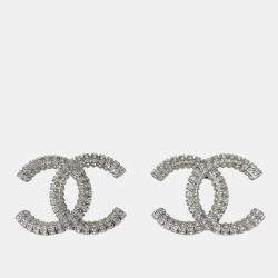 Pre Owned Chanel CC Silver crystal embellished large earring