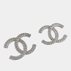 Pre Owned Chanel CC Silver crystal embellished large earring