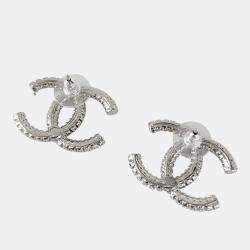 Pre Owned Chanel CC Silver crystal embellished large earring