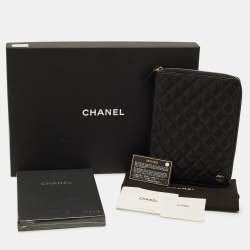 Pre Owned Chanel Zip Around Agenda Cover Black Quilted Caviar Leather
