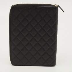 Pre Owned Chanel Zip Around Agenda Cover Black Quilted Caviar Leather