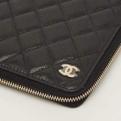 Pre Owned Chanel Zip Around Agenda Cover Black Quilted Caviar Leather