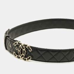 مملوكة مسبقًا حزام شانيل سلسلة سي سي مشبك 85 سم جلد مبطن أسود