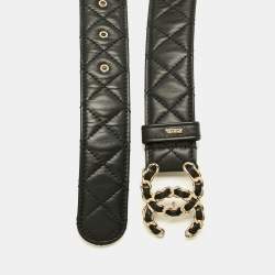 مملوكة مسبقًا حزام شانيل سلسلة سي سي مشبك 85 سم جلد مبطن أسود