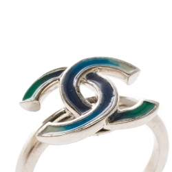 Pre Owned Chanel CC Blue Enamel Silver Tone Ring Size 52