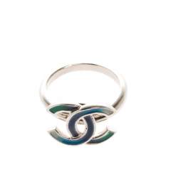 Pre Owned Chanel CC Blue Enamel Silver Tone Ring Size 52