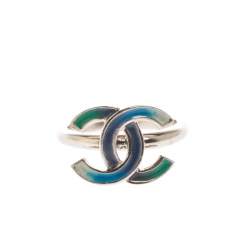 Pre Owned Chanel CC Blue Enamel Silver Tone Ring Size 52