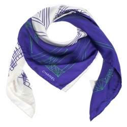 Pre Owned وشاح شانيل مربع حرير طباعة غرافيك كتل لونية بنفسجي