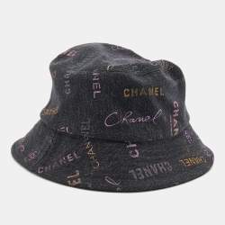 Pre Owned Chanel Black Denim Logo Print Cloche Bucket Hat M