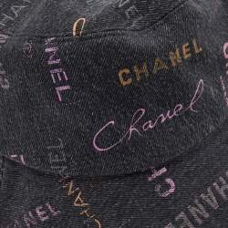 Pre Owned Chanel Black Denim Logo Print Cloche Bucket Hat M